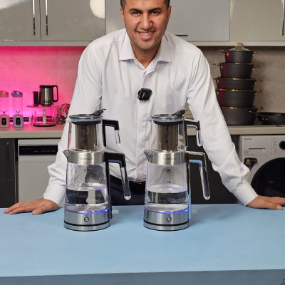 نمای واقعی چای ساز روهمی ترام‌هاوس مدل TS-200 با کتری و قوری پیرکس و استیل
